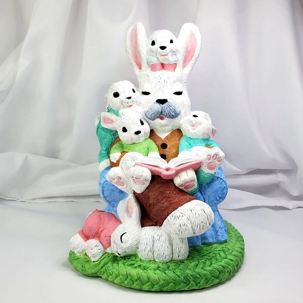 VTG 1994 Easter Bunny Rabbits Grandpa & Kids Large Ceramic Decoration 10